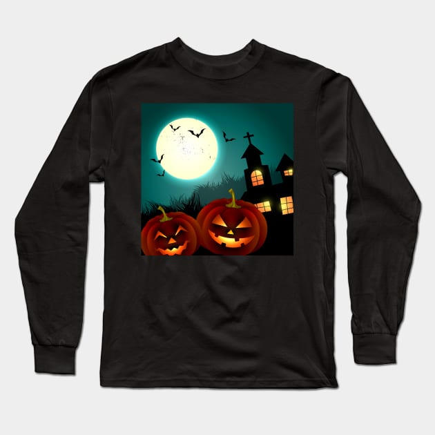 Haunted House and Pumpkins Long Sleeve T-Shirt by PattisonAvePhanatics